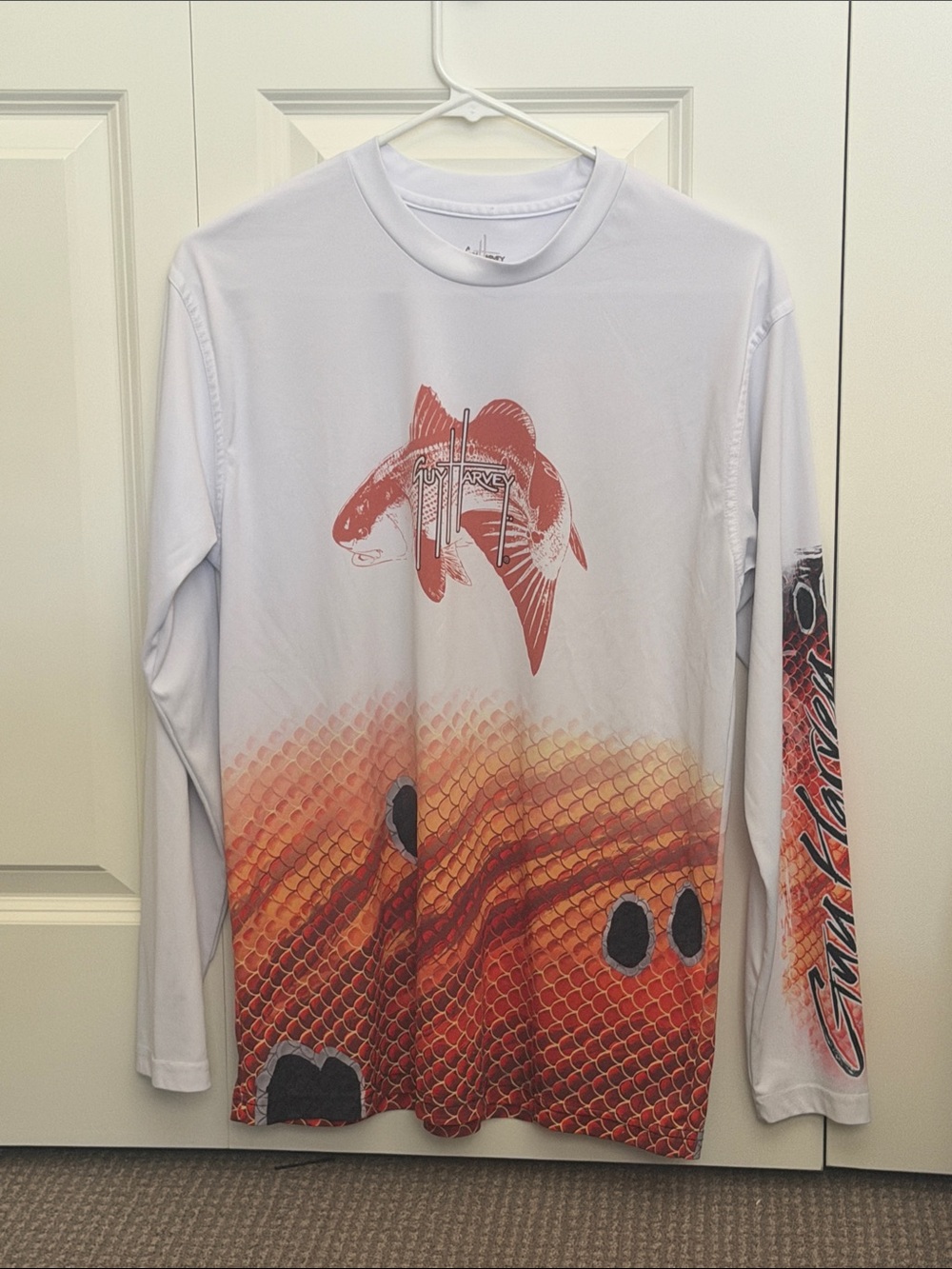 Guy Harvey White Long Sleeve Kids Fishing Shirt with Orange Scale Graphic